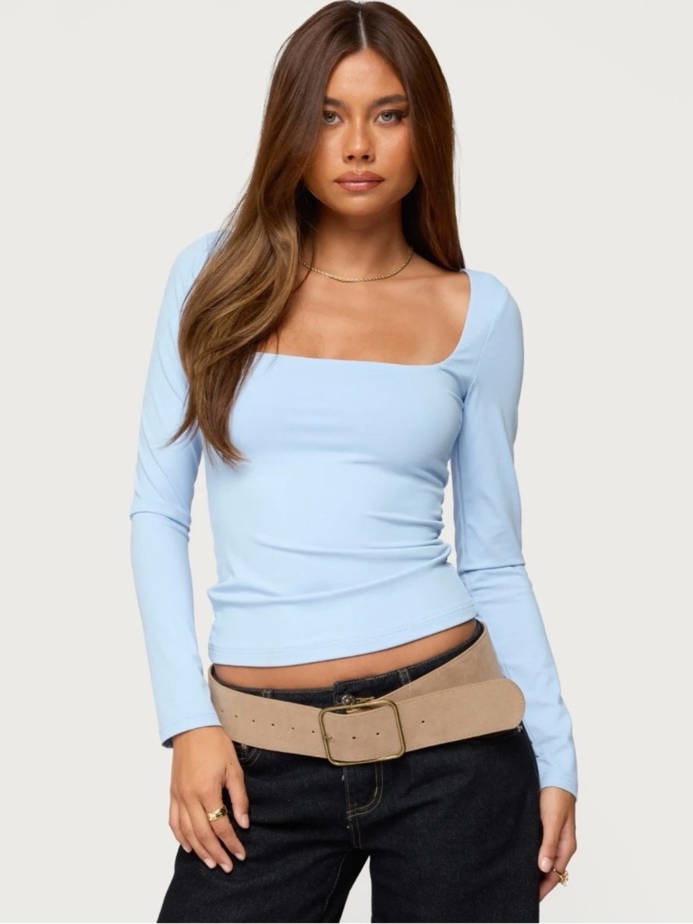 Edikted Square Neck Long Sleeve Top in Light Blue